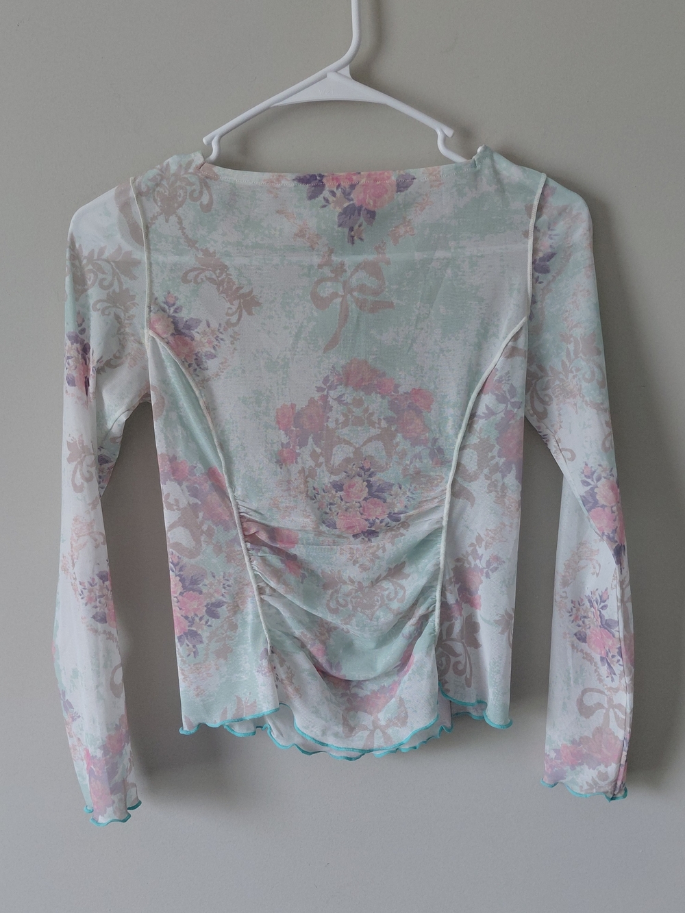 Sheer Pastel Floral Long-Sleeve Blouse with Tie Back - Picture 2 of 3